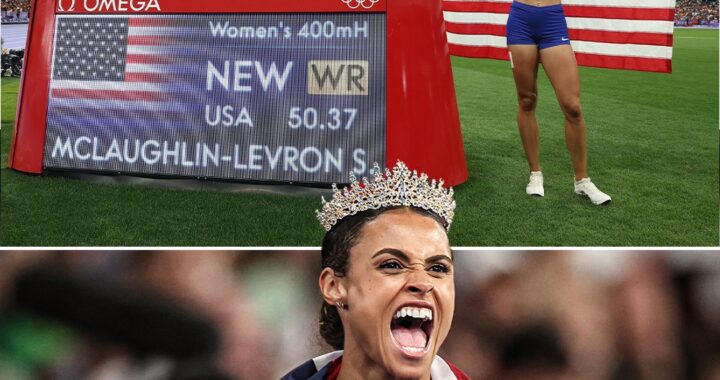 Sydney McLaughlin-Levrone cruzando la meta en los 400 metros con vallas, estableciendo un nuevo récord mundial en los Juegos Olímpicos de París 2024.