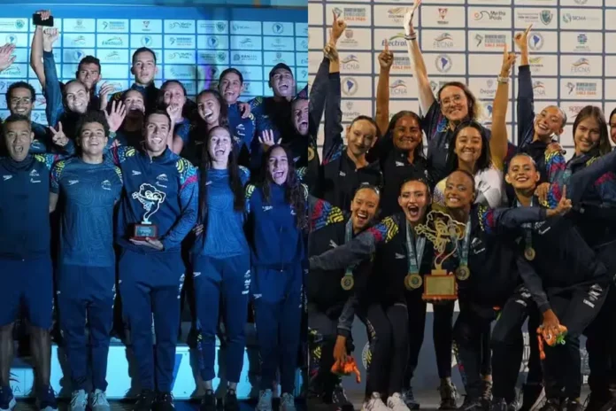 Deportistas colombianos celebrando sus victorias en el Sudamericano de Deportes Acuáticos.