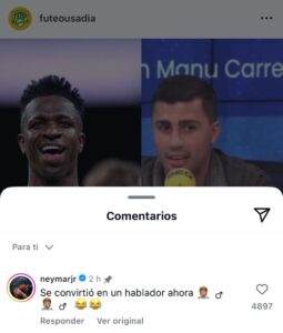 Neymar responde a Rodri en Instagram tras declaraciones sobre Vinícius Jr.